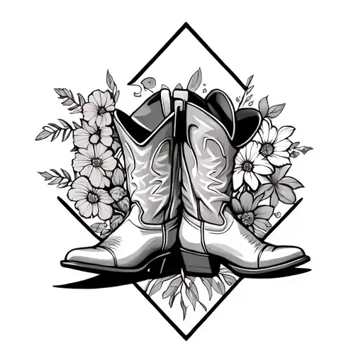 Cowboy Boots And Hat With Flowers In A Diamond Shaped Line Outlining