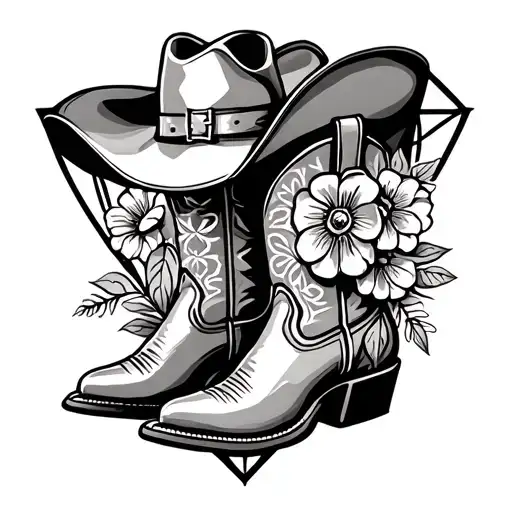 Cowboy Boots And Cowboy Hat With Flowers In A Diamond Stamp
