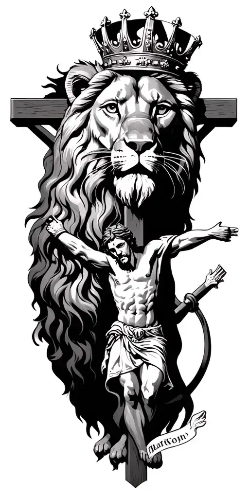 Lion Wearing A Crown With The Crucifixion Of Jesus And A Crusader In Battle At The Bottom