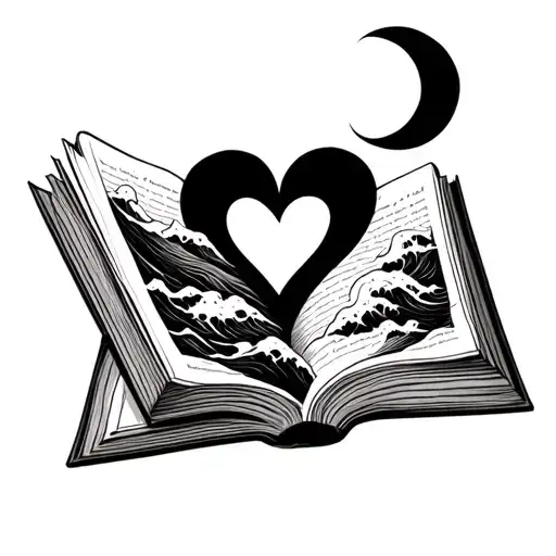 Open Book With Waves In Shape Of A Heart And A Crescent Moon