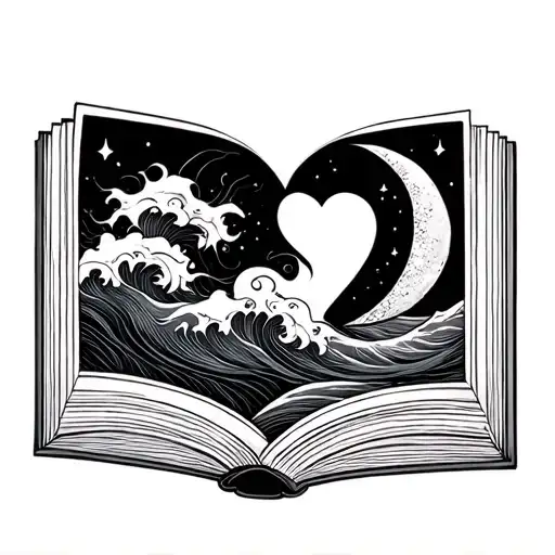 Simpleopen Book With Waves In Shape Of A Heart And A Crescent Moon