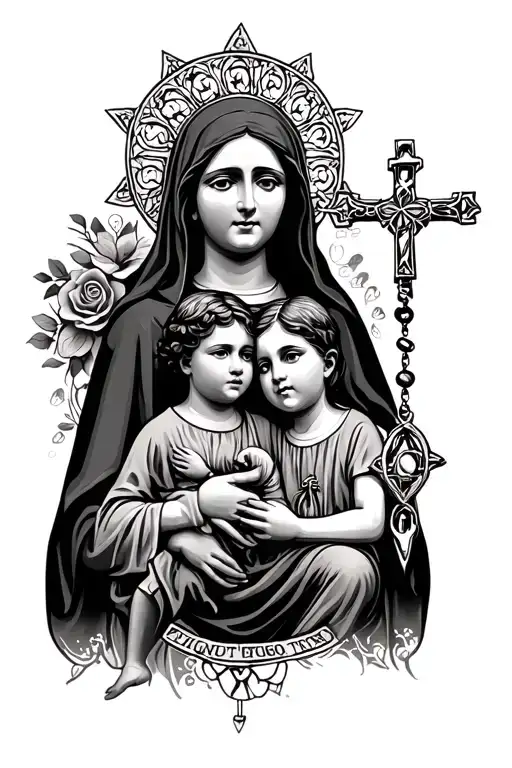 A Rosary And A Vector Of A Mother Of A Mother With Her Two Children In Chiquito