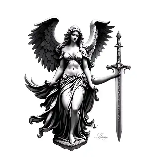 Statue Guardian Angel Woman Holding A Sword