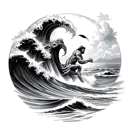 Neptune Riding Wave To Beach Landscape