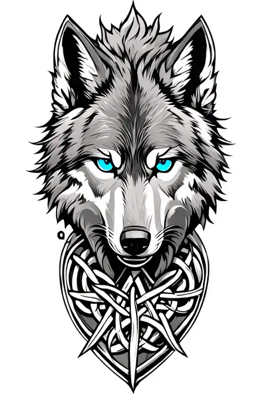 Wolf With Blue Eyes On Armor Tattoo Design Featuring Celtic Trinity Knot