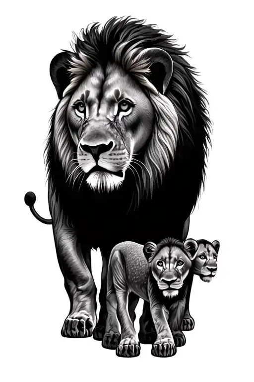 Lion With 3 Cubs Walking In The Forest