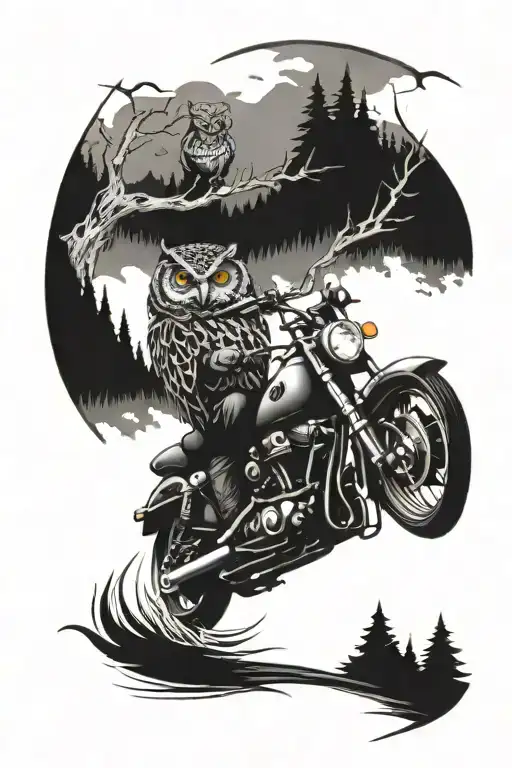 Motorcycle Riding Forest Road Winding With Owl Face