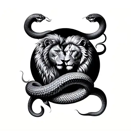 Two Lions Circling A Snake