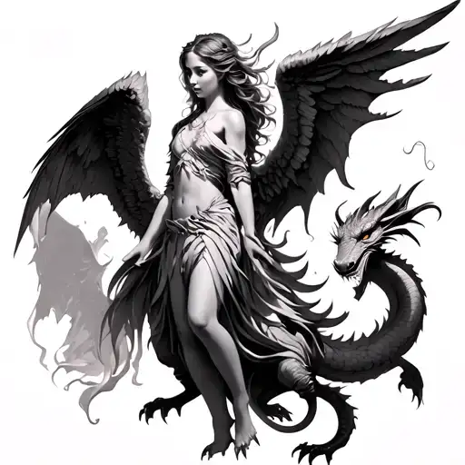 Angel With Wings With Dragon Guide Around