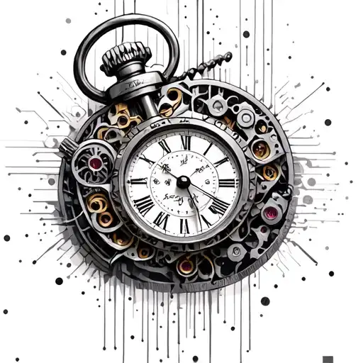 Matrix Code And Old Broken Fob Watch Mechanism Intertwined