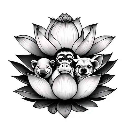 Lotus Flower Surrounded By Monkey Pig Dog Chinese Zodiac Sign