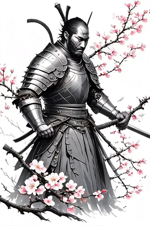 Armored Ronin And Scattered Cherry Blossom Branches