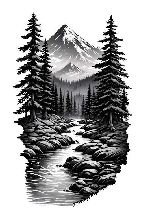 Forest With River Flowing And Mountain In Background