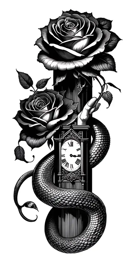 Snake Roses Blooming Hand Reaching Tower With A Clock