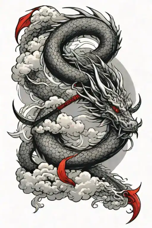 Dragon In The Clouds With A Katana And Red Carps