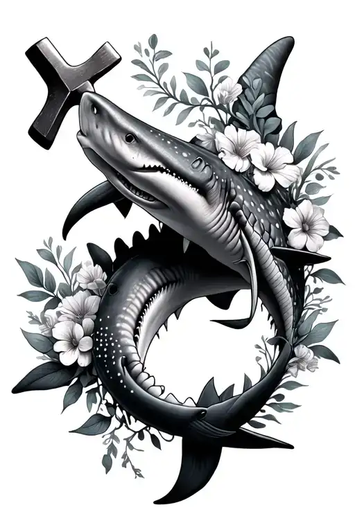 Whale Shark And Hammer Head Shark With Flowers Surrounding Them