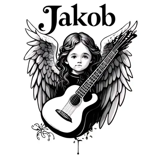 The Name Jakob With Little Angel Wings With A Small Guitar