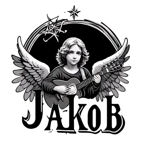 The Name Jakob With Little Angel Wings With A Small Guitar