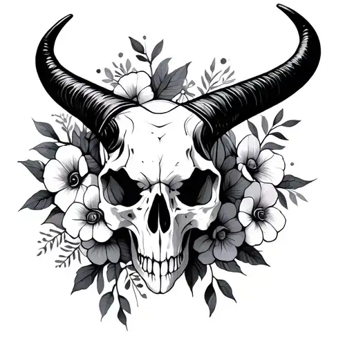 One Line Long Horn Skull With Fine Line Flowers