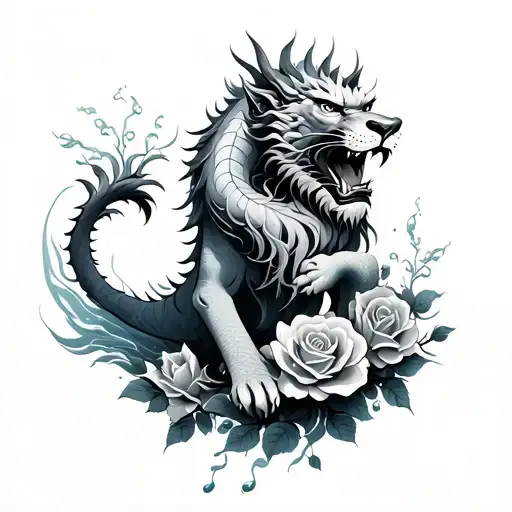 Japanese Lion Dragon With Water And Roses Growing Out Of Body