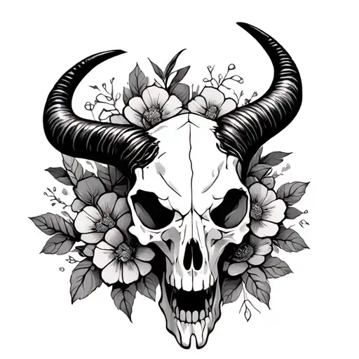 One Line Long Horn Skull With Flowers Around The Horns