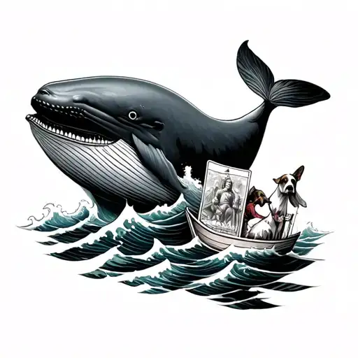 Whale As Part Of A Wave Curling Over A Boat With Tarot Fool And Dog In It