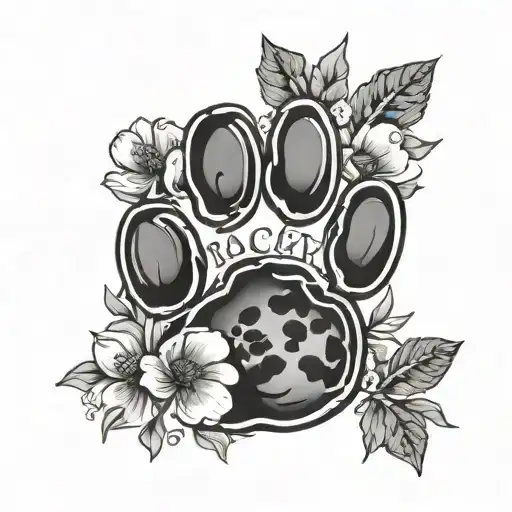 Full Moon Of Paw Print With Name Rocky With Some Small Flowers