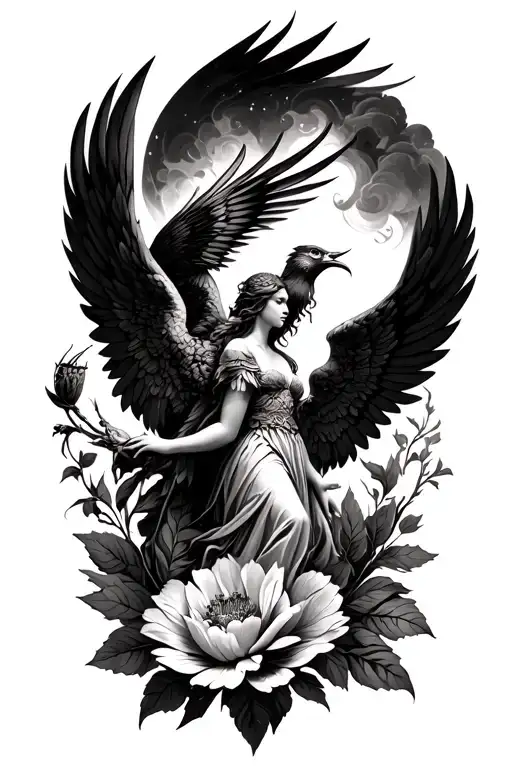 Falllen Angel With A Phoenix And Locust Flower Blooming