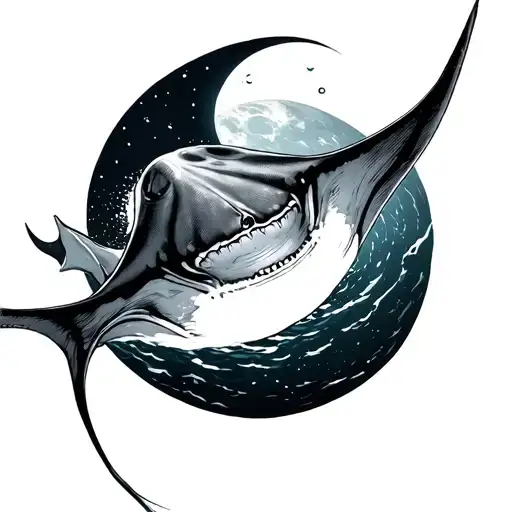 Manta Ray Swimming Ocean Moon Surrounded
