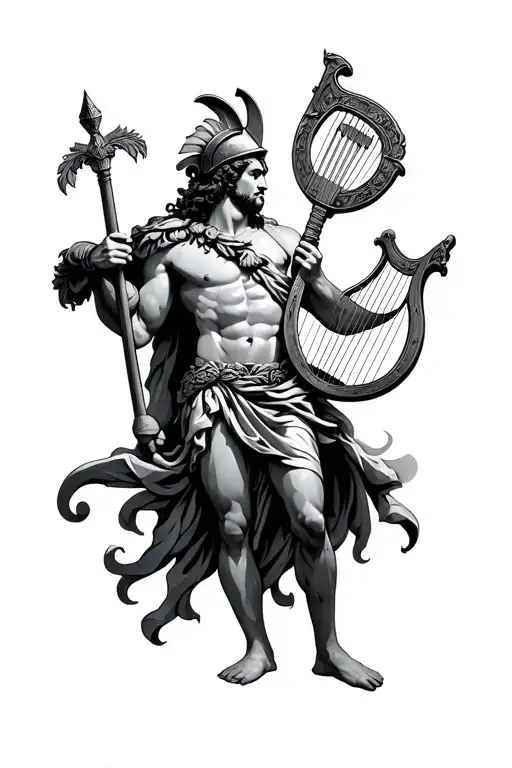Greek God Apollo Wearing A Warrior Helmet While Holding A Lyre