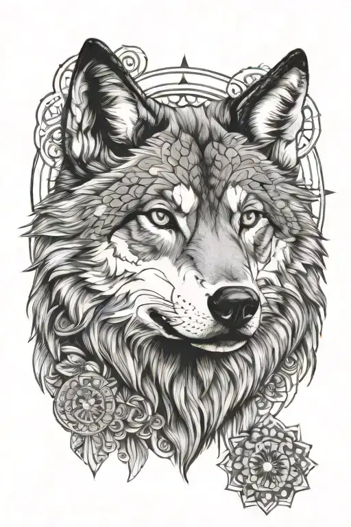 Realistic Wolf Head Front View With Mandala Over The Head