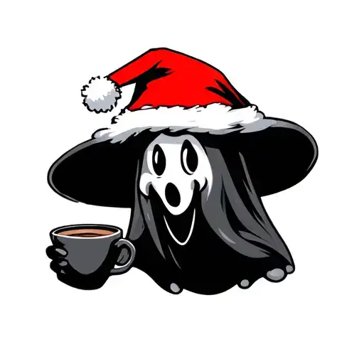Cartoon Christmas Ghost Holding A Coffee With Hat