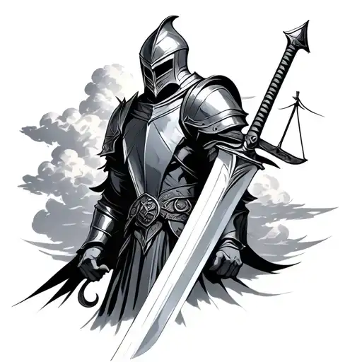 A Knight With A Sword And Scale With Clouds