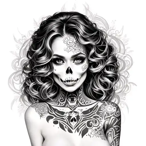 Crazy Pretty Women Posing With Skulls And Patterns Around Her
