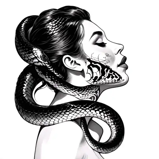 Snake Strangling A Sexy Women's Neck But She Loves It And Is Happy With Pattens On Her Face