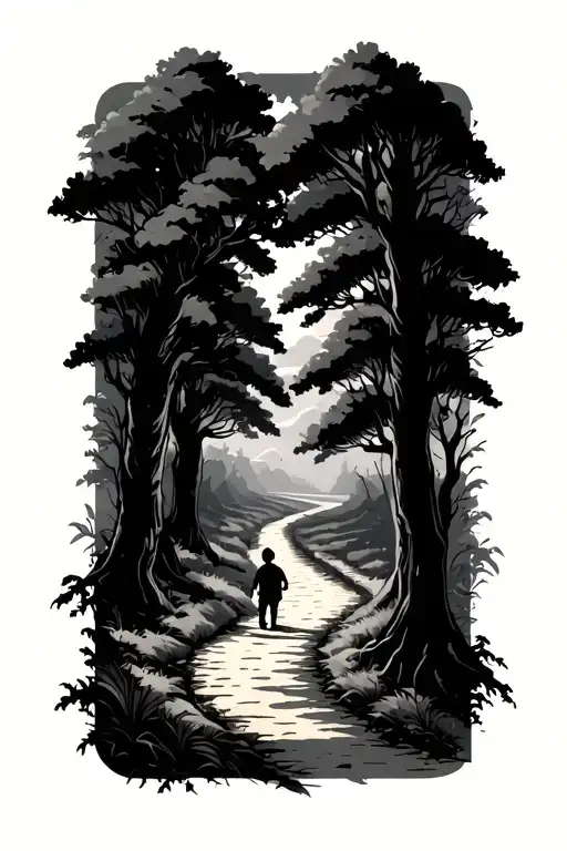 A Child On Journey With A Endless Path With Trees Around The Path