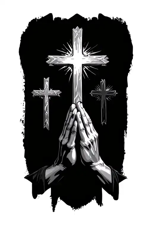 3 Crosses On Top Of The Hands Praying With Light Shining
