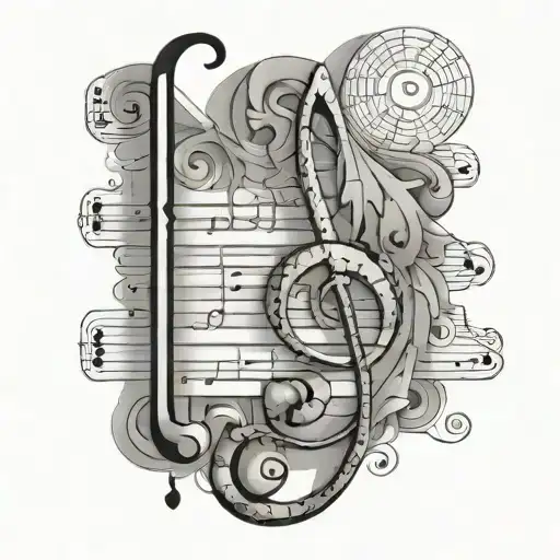 A Black-grey Tattoo Of A Sheet Music Staff Morphing Into A Roman Mosaic Pattern