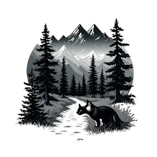 Forest And Mountains And Path And Cat