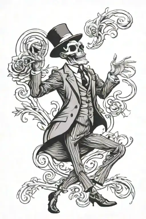 Full Body Dark Skeleton Wearing A Three Piece Suit And A Frank Sinatra Hat