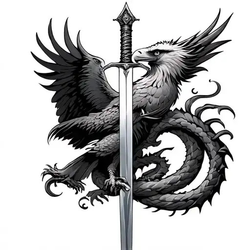 Eagle Holding Verticle Sword With Dragon Wrapped Around Sword