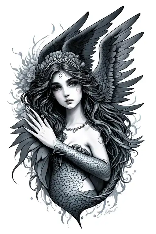 Winged Siren Mermaid Face Covered With Hand