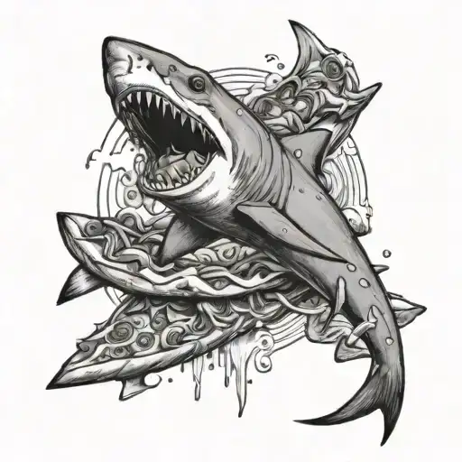 An Ocean-inspired Tattoo Featuring A Shark Surfing On A Slice Of Pizza