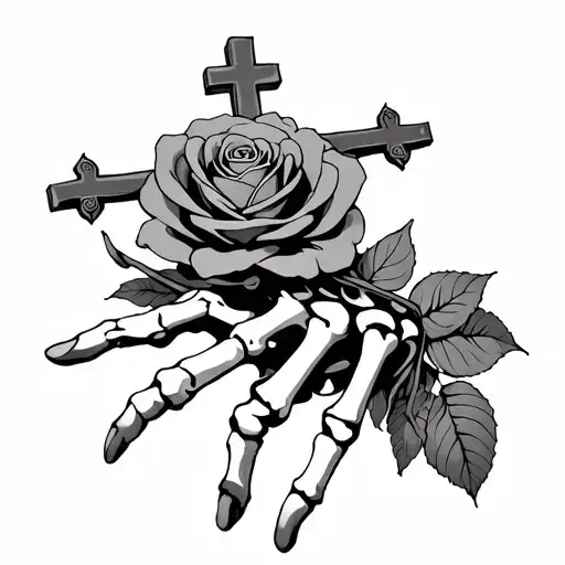Skeleton Hand With A Cross On Top And Rose On Top Of It