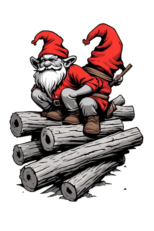 Redcap Gnome Sitting On Pile Of Dead Logs