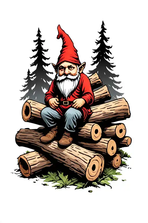 Redcap Gnome Sitting On Pile Of Dead Logs