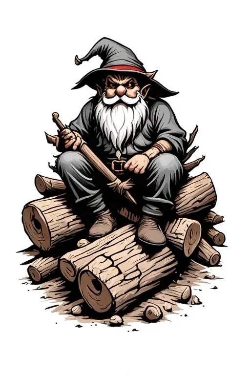 Evil Redcap Gnome Sitting On Pile Of Dead Logs