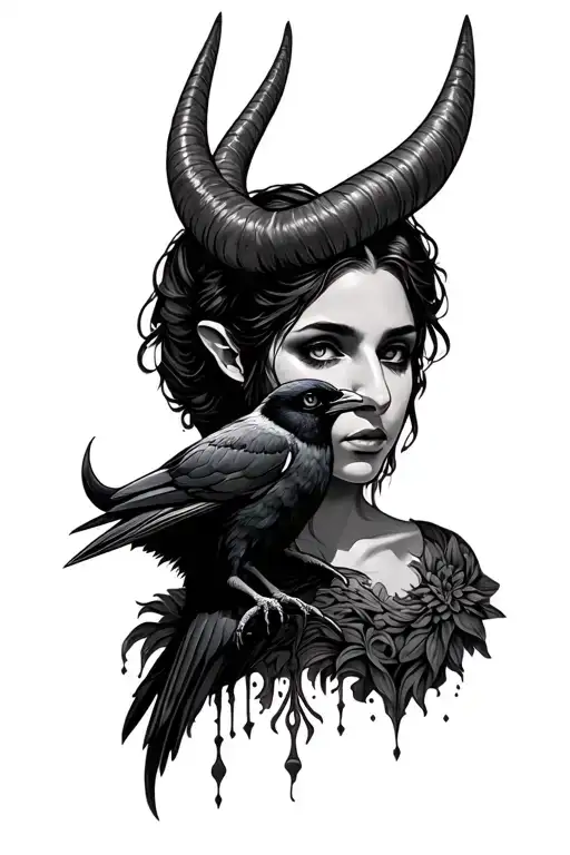 Aries Woman Face With Horns With A Crow