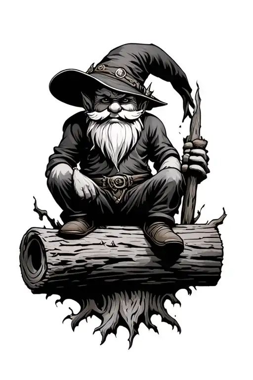 Evil Redcap Gnome Beserker Sitting On Rotten Log