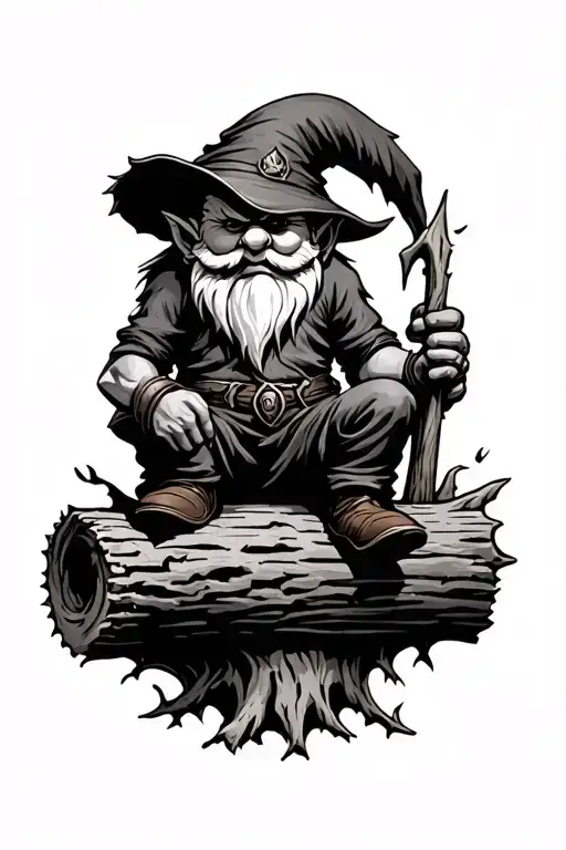 Evil Redcap Gnome Beserker Sitting On Rotten Log